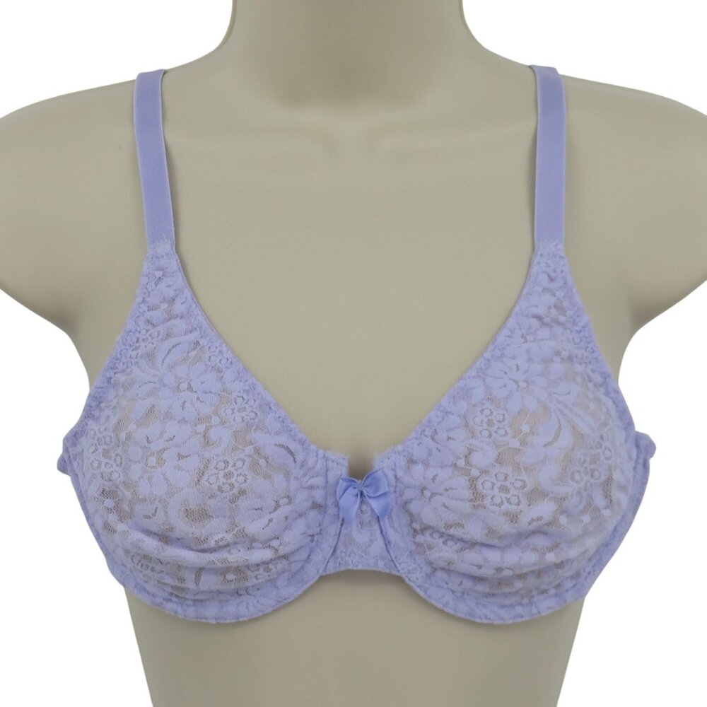 Wacoal 36B Bra Style 65149 Purple Blue Underwire Sheer Floral Flower Lace Bow